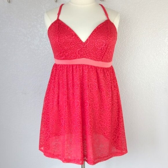 Cacique 18/20/2X Chemise  Bright Red Lace Overlay Strappy Back - Picture 1 of 4